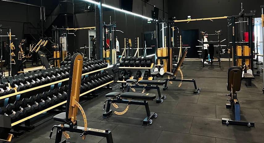 Interior de Gotten Gym con equipamiento negro y detalles dorados