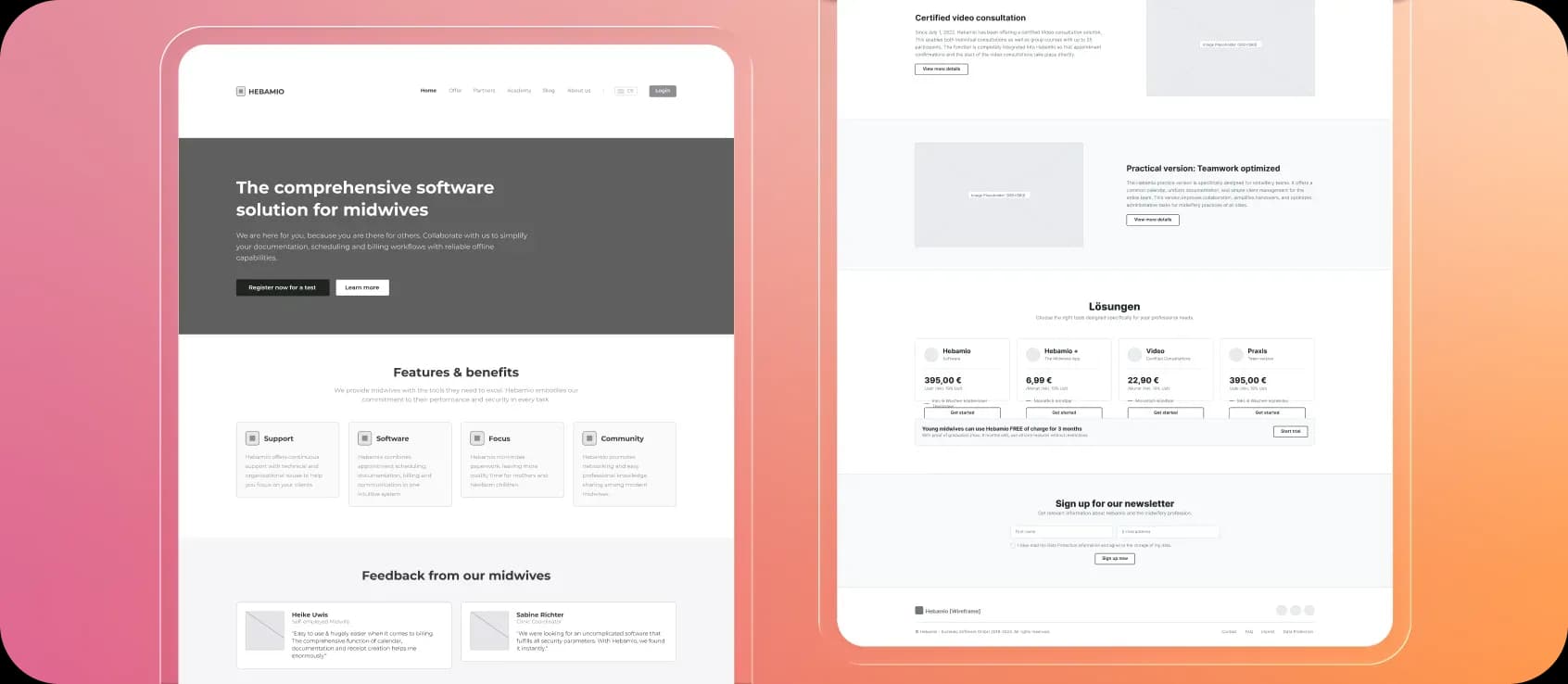 Design explorations for the desktop version of Hebamio's landing page