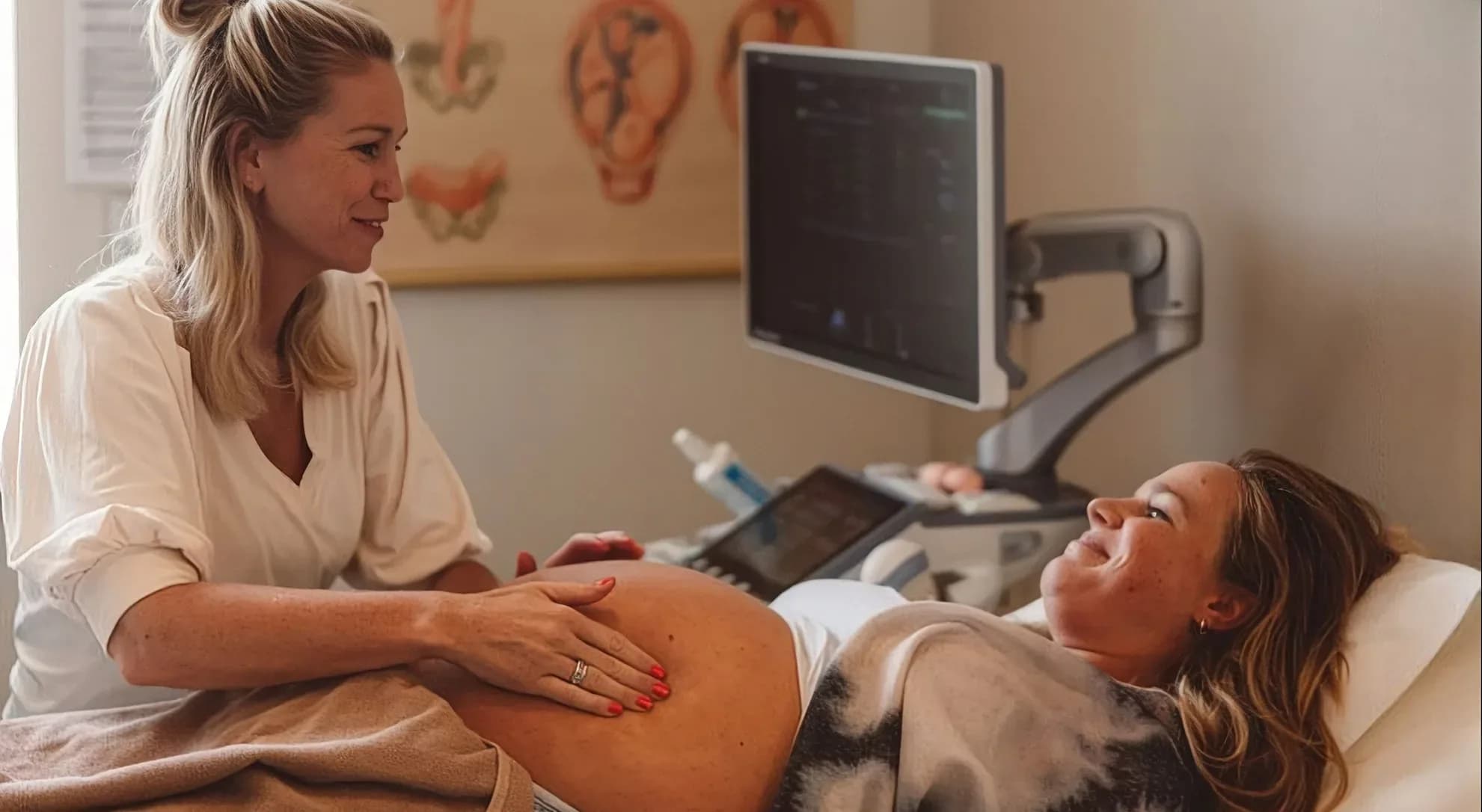 Midwife attending to a pregnant woman during a consultation