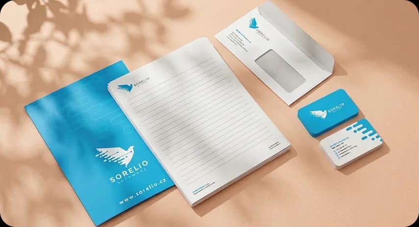 Identidad de Sorelio aplicada en papelería corporativa, sobres y tarjetas personales