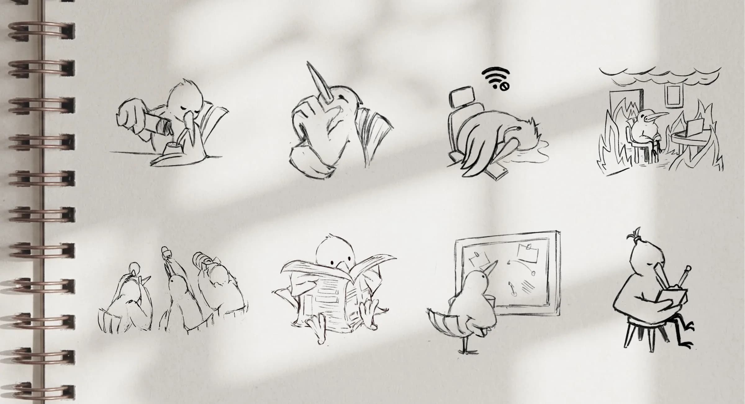 Sketches of Boost's mascot exploring different poses, actions, and situations