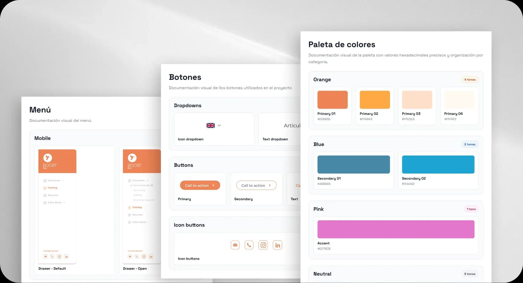 Component, navigation, and color palette documentation for Boost Inc.'s landing page