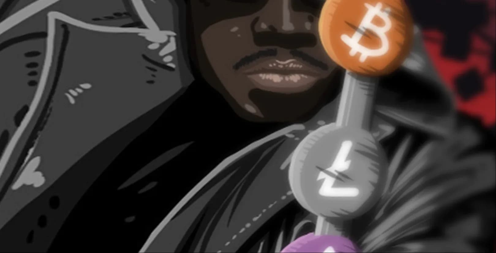 Detail of an illustration of Wesley Snipes as Blade, with Bitcoin, Litecoin, and Ethereum symbols in front of him
