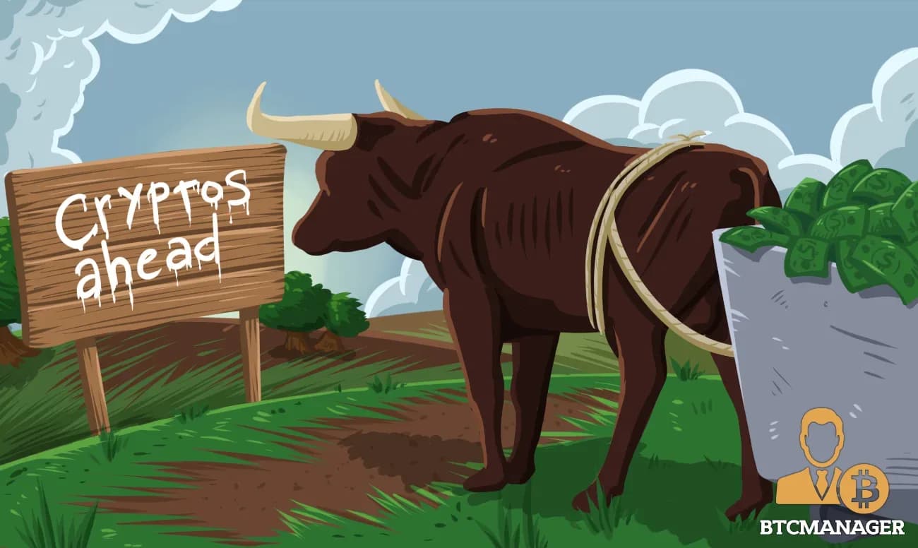 Illustration of a bull tied to a cash box beside a handwritten sign pointing toward cryptocurrencies