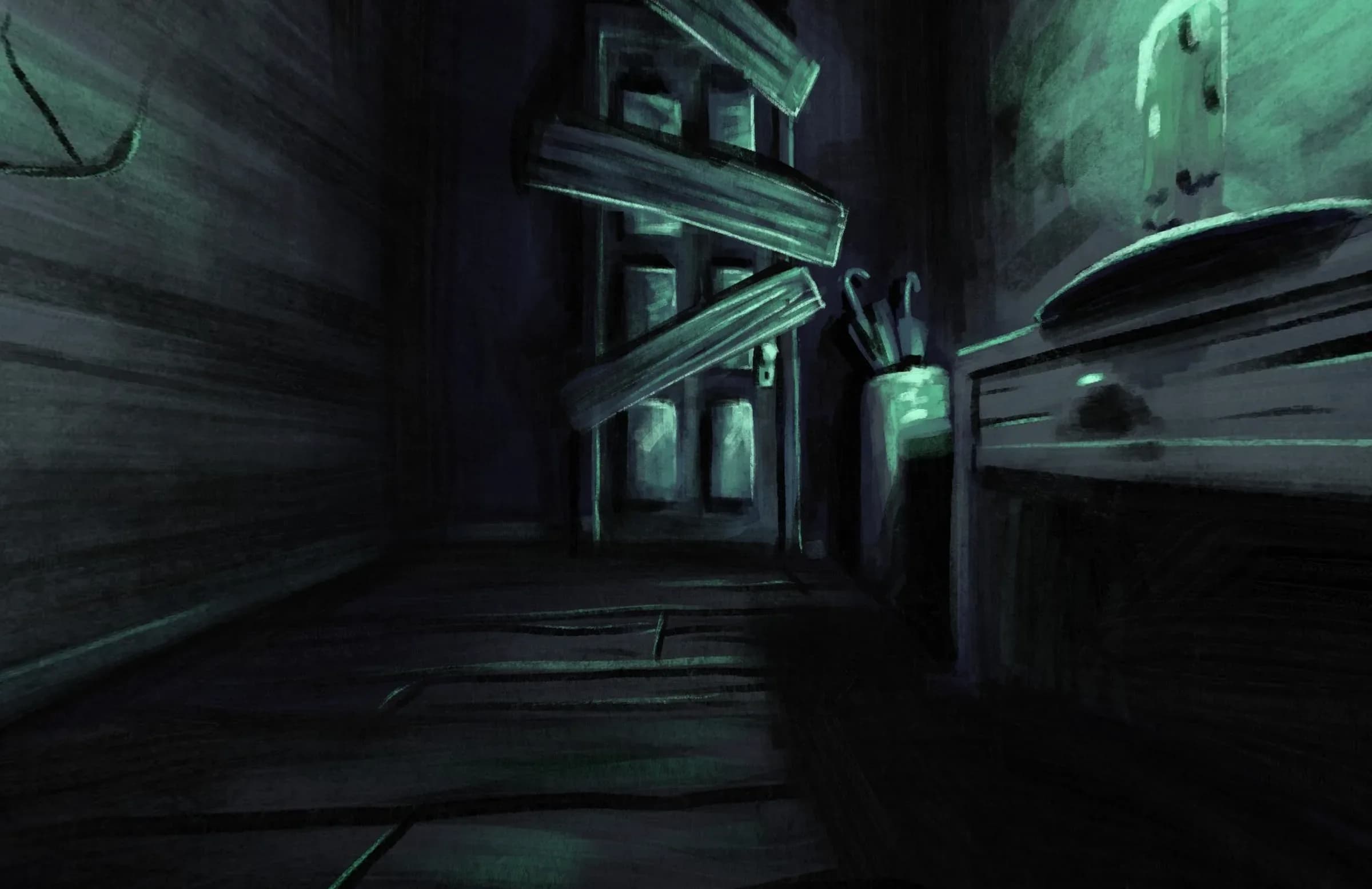 Dark interior scene from the Ghostlighting lyric video, with a door boarded shut