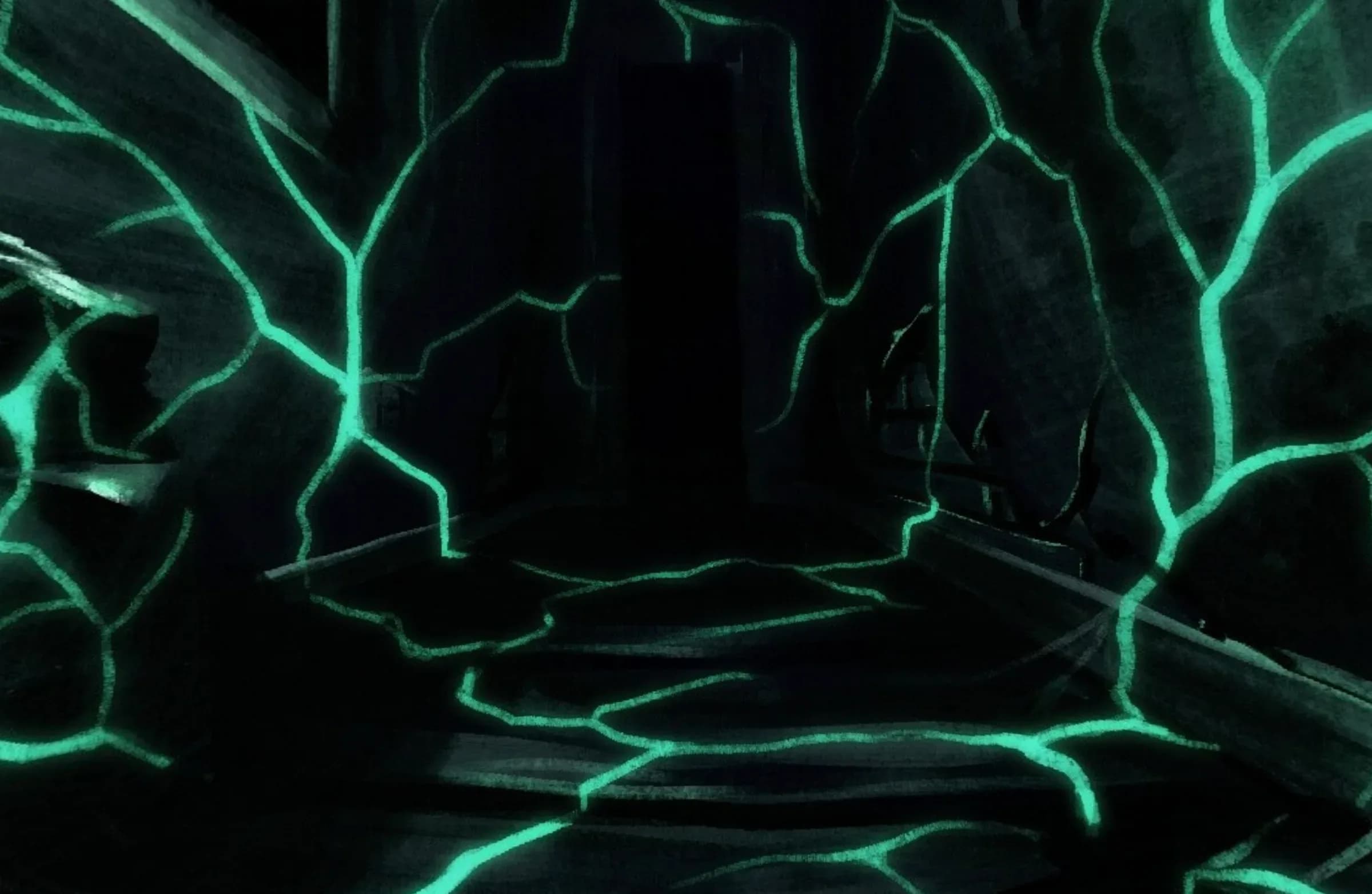 Scene from the Ghostlighting lyric video crossed by glowing green cracks