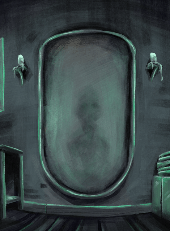 Animación de una figura acercándose detrás de una puerta de vidrio en el lyric video Ghostlighting