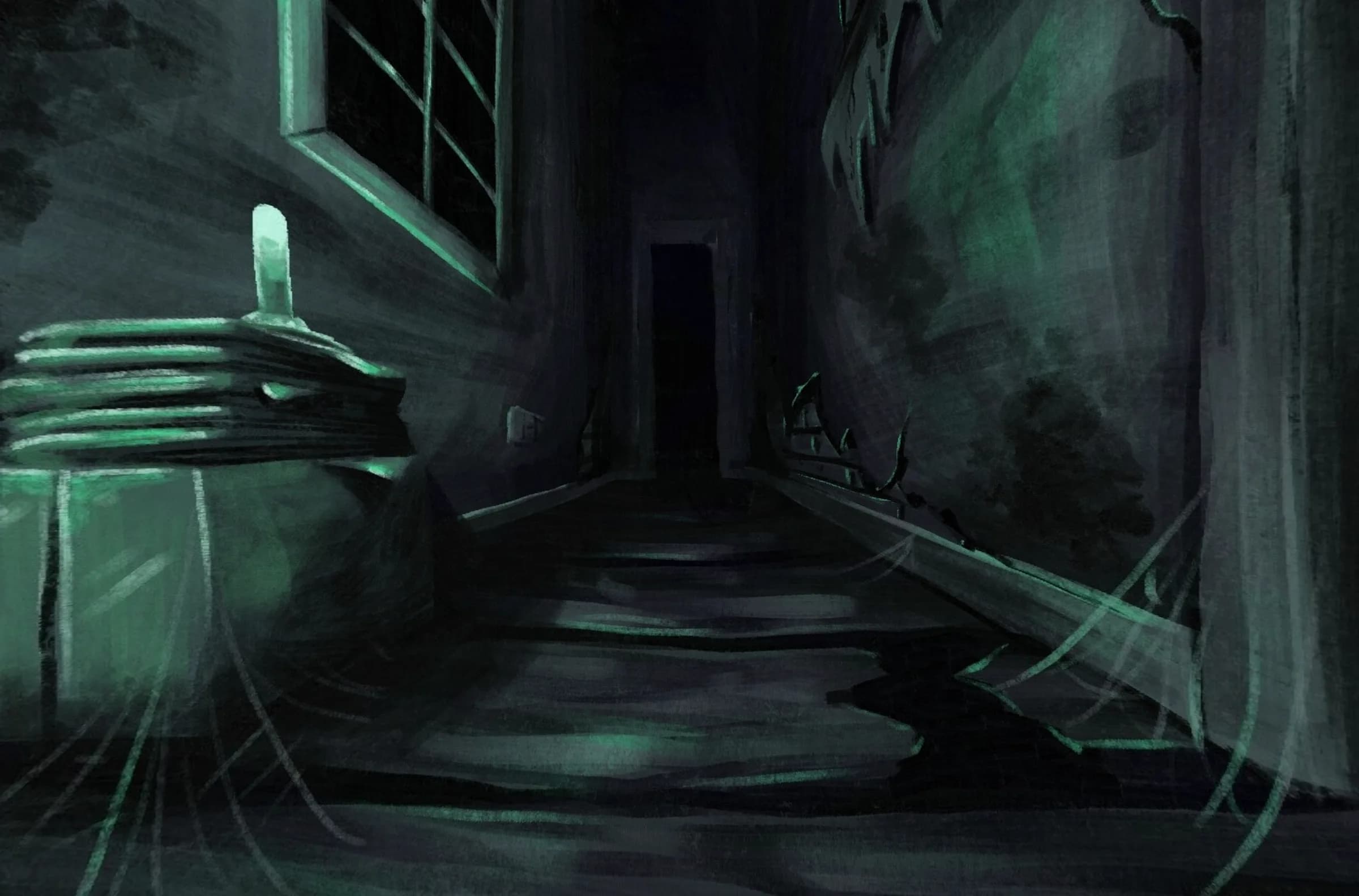 Pasillo oscuro y deteriorado de uno de los escenarios del lyric video Ghostlighting