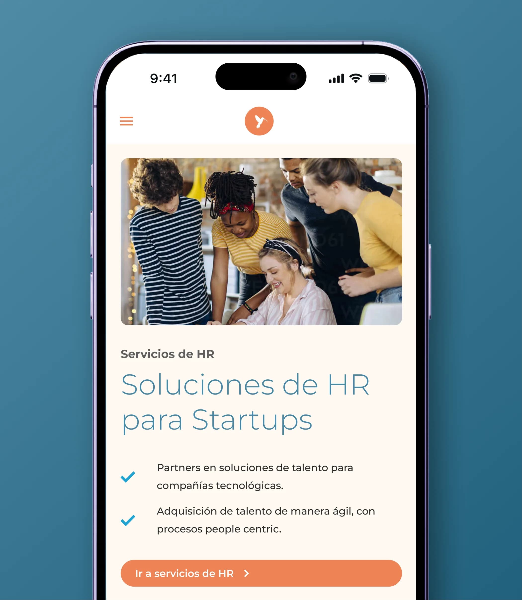 Diseño mobile de la sección de servicios de Recursos Humanos para startups