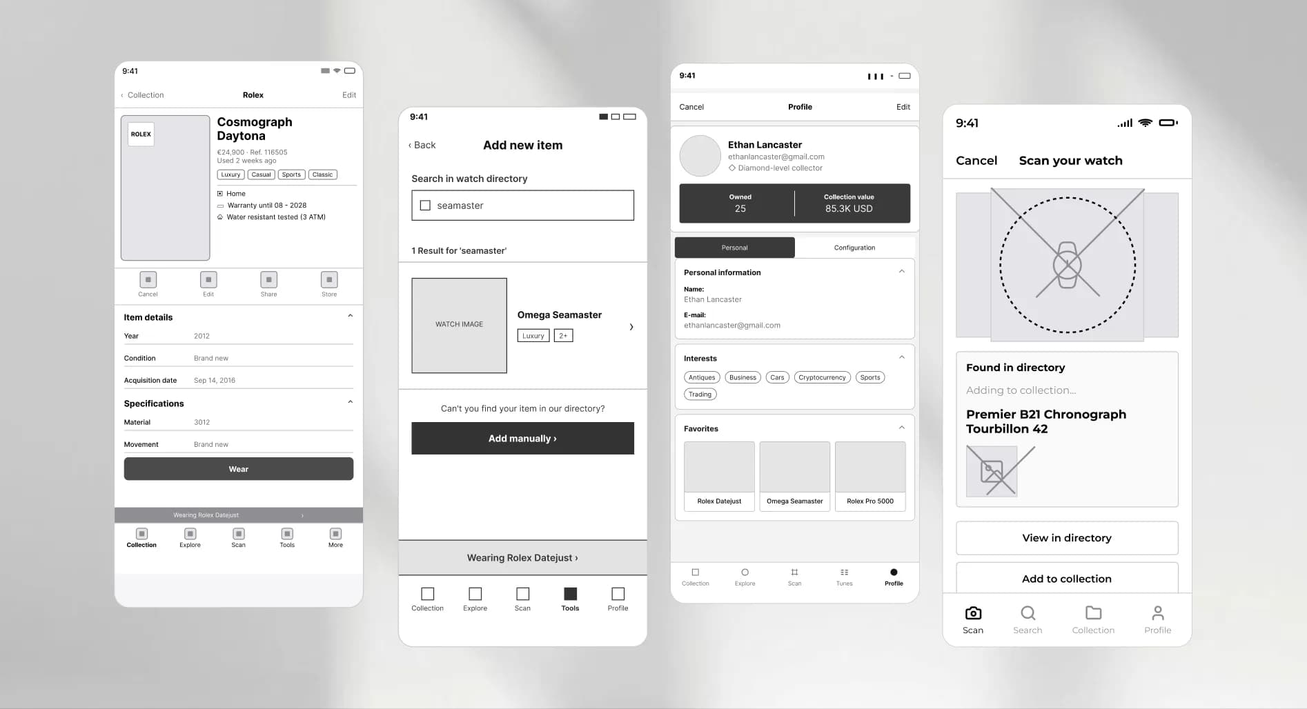 Wireframes en baja fidelidad de la aplicación explorando el detalle de los relojes, la incorporación de nuevas piezas, el perfil y el escaneo