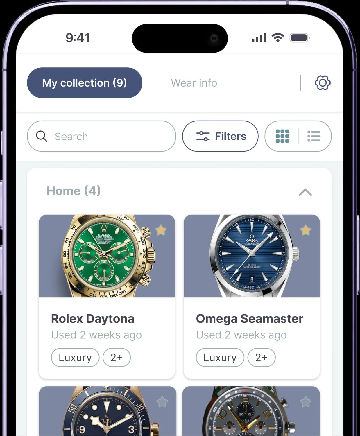 Interfaz mobile de la aplicación para gestionar una colección de relojes