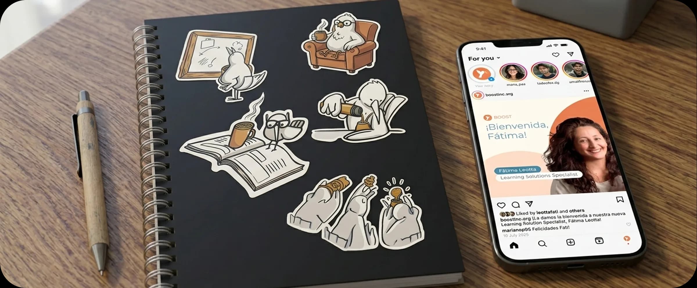 Mascota ilustrada de Boost aplicada en stickers y piezas para redes sociales