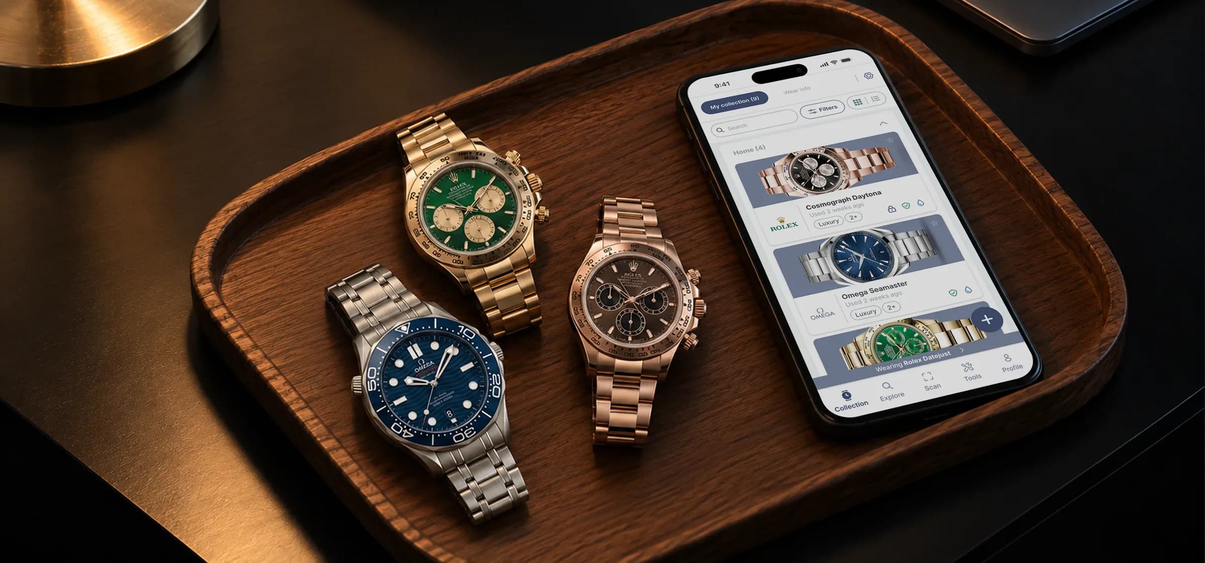 Luxury Watches app shown alongside a collection of luxury watches
