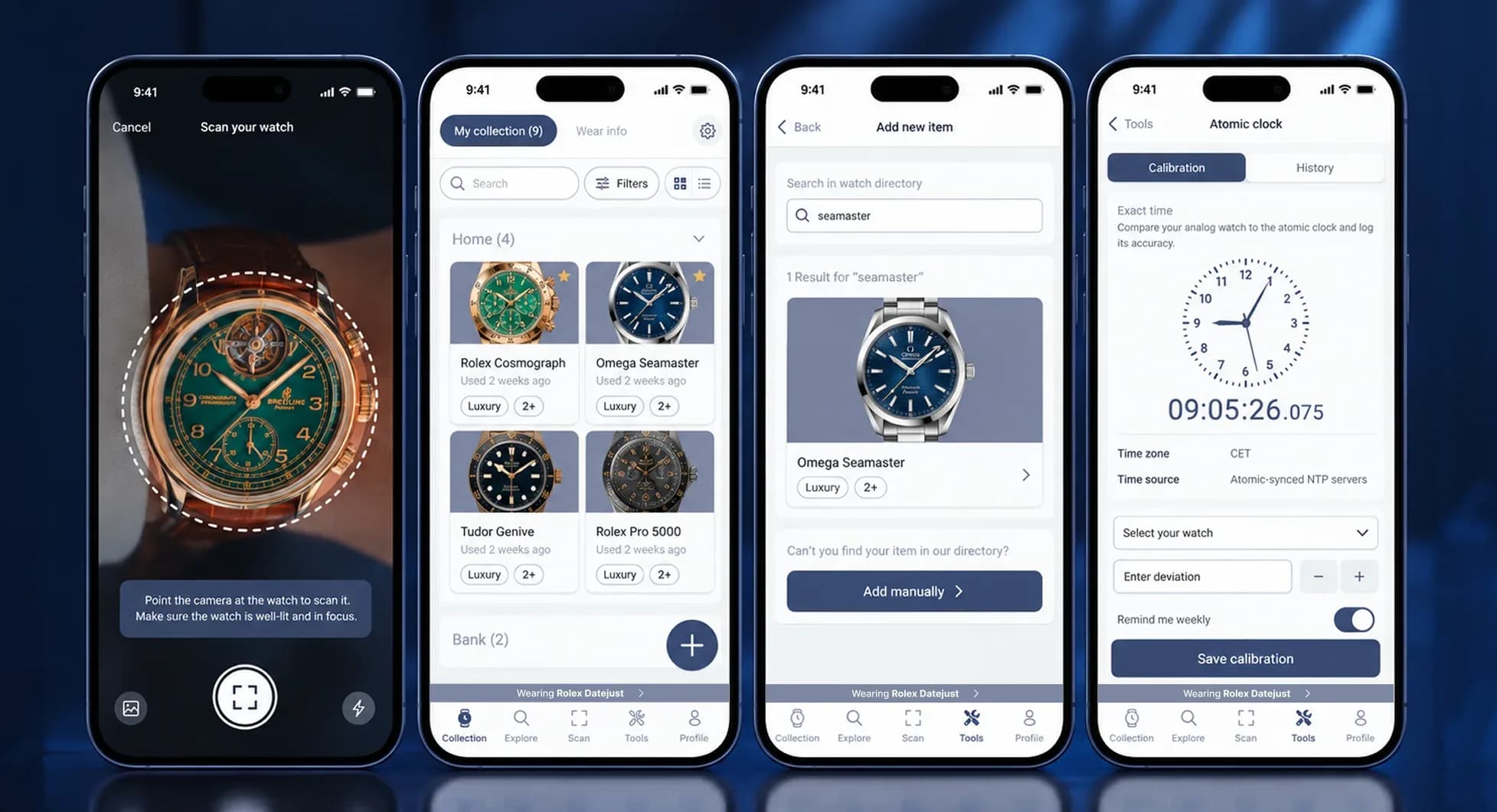App interfaces for scanning watches, managing the collection, adding pieces, and using calibration tools