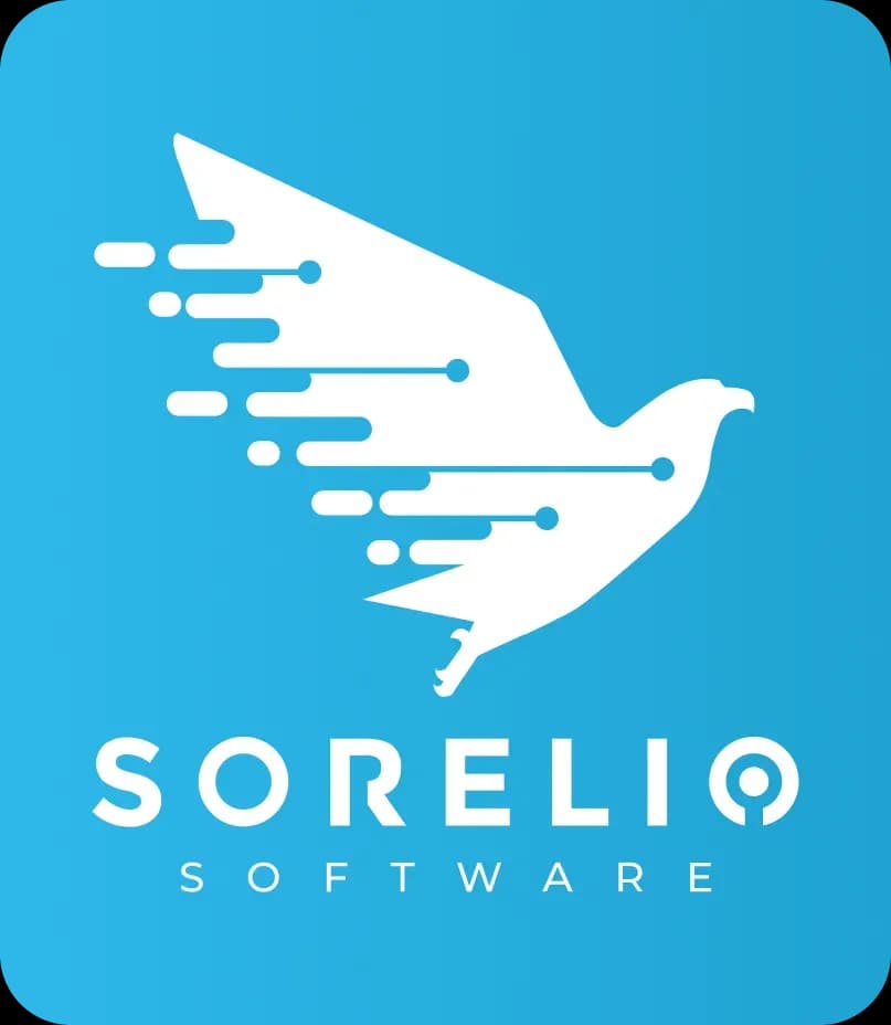 Vertical version of Sorelio's logo on a light-blue background