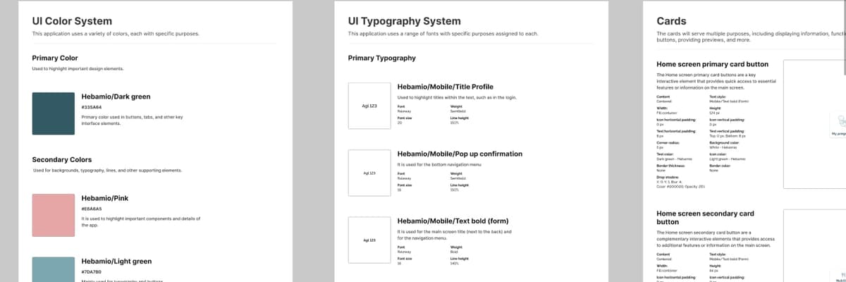Tres páginas de documentación de un design system: sistema de color, tipografía y componentes