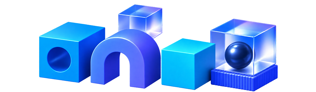 Bloques geométricos azules y transparentes que representan la producción
